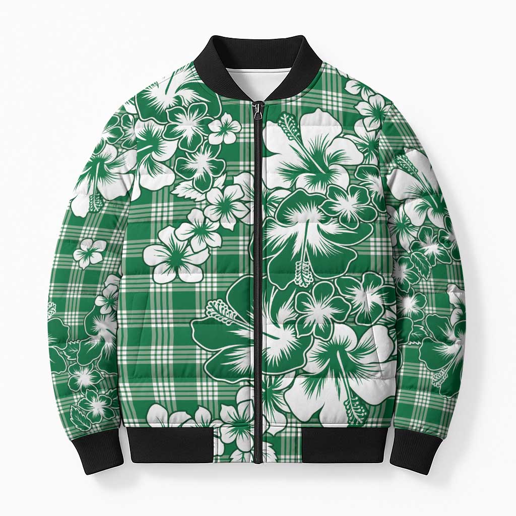 Hibiscus Pakala Emerald Green Bomber Puffer Jacket Tropical Floral Stylized LT01 Unisex Green - Polynesian Pride