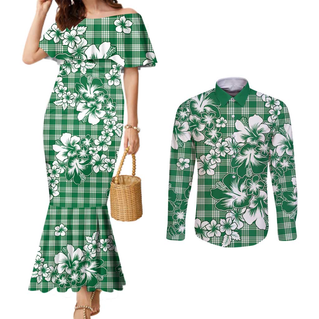 Hibiscus Pakala Emerald Green Couples Matching Mermaid Dress and Long Sleeve Button Shirt Tropical Floral Stylized - Polynesian Pride