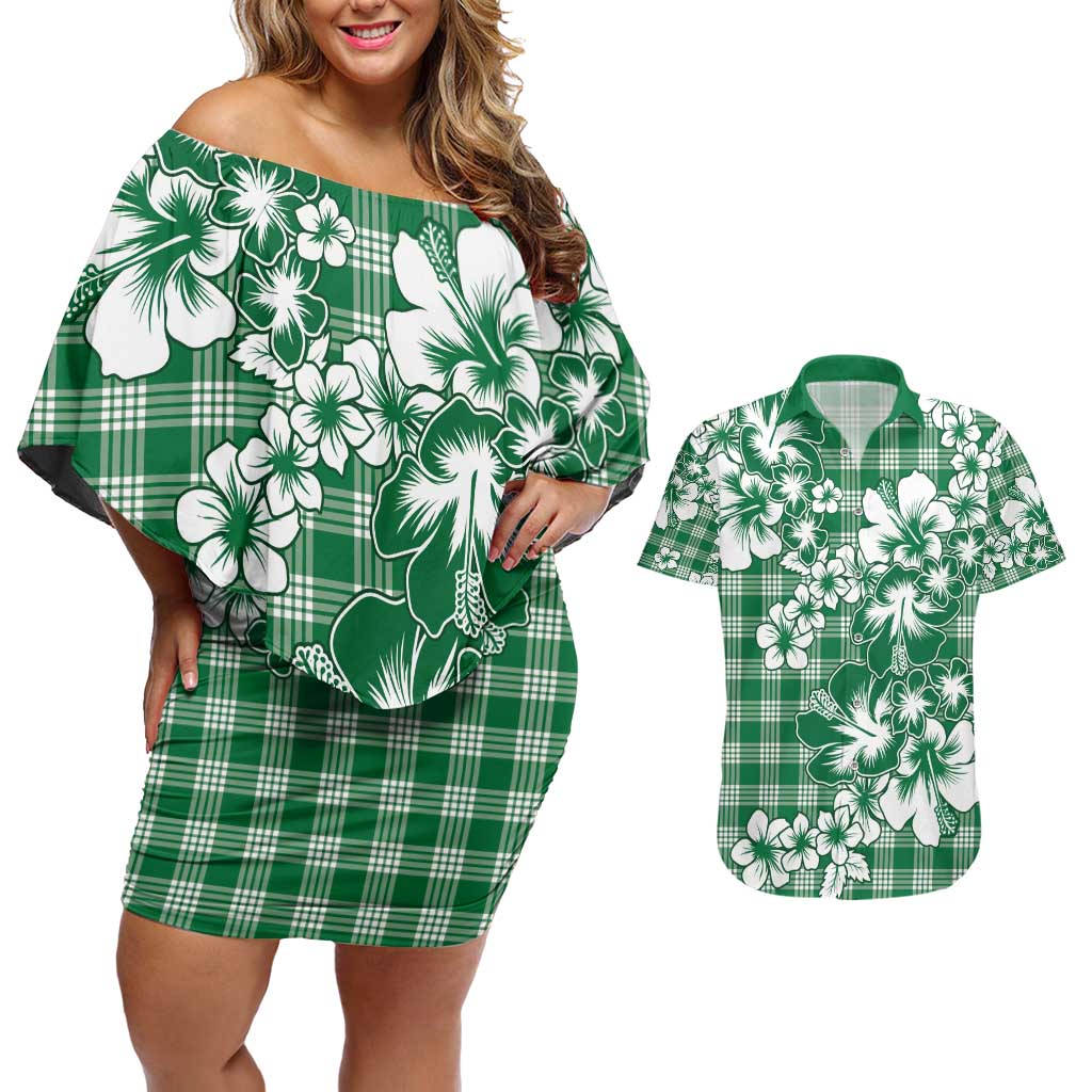 Hibiscus Pakala Emerald Green Couples Matching Off Shoulder Short Dress and Hawaiian Shirt Tropical Floral Stylized - Polynesian Pride