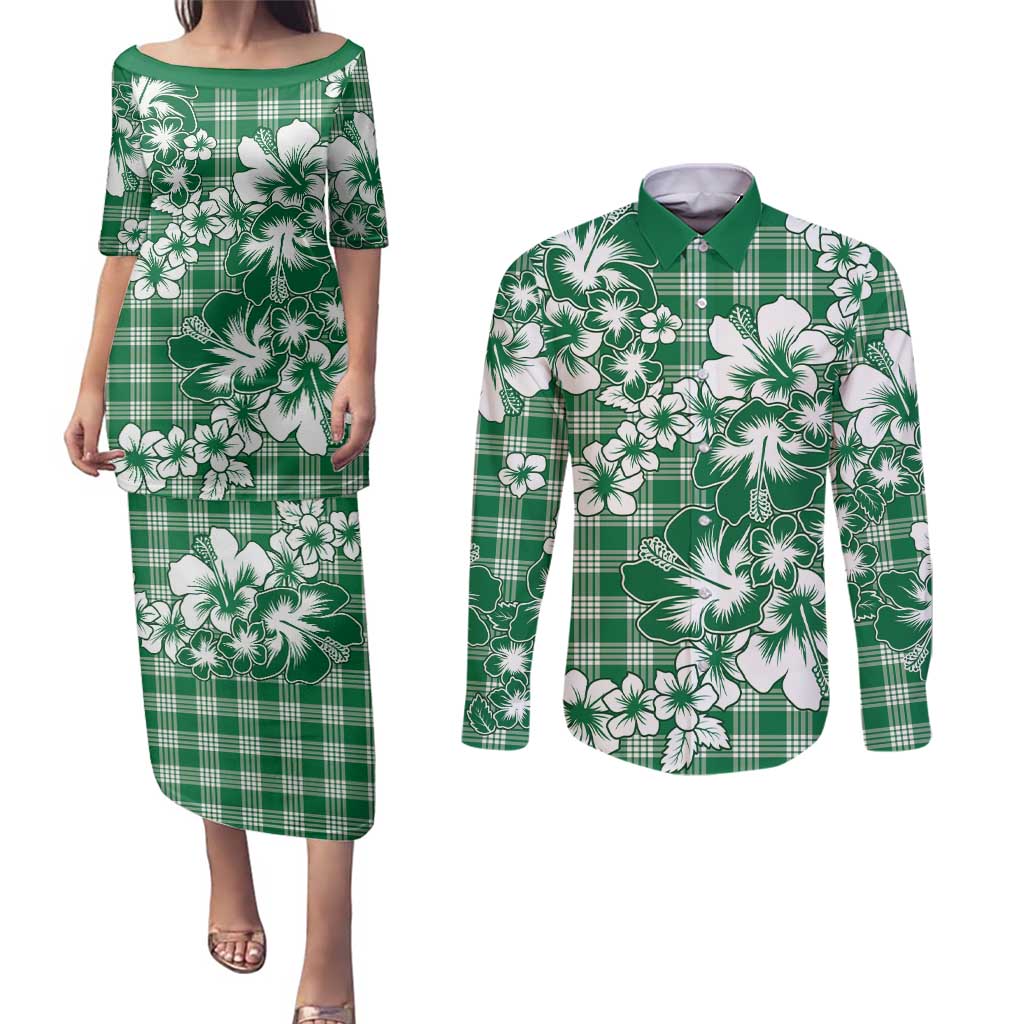 Hibiscus Pakala Emerald Green Couples Matching Puletasi and Long Sleeve Button Shirt Tropical Floral Stylized LT01 Green - Polynesian Pride