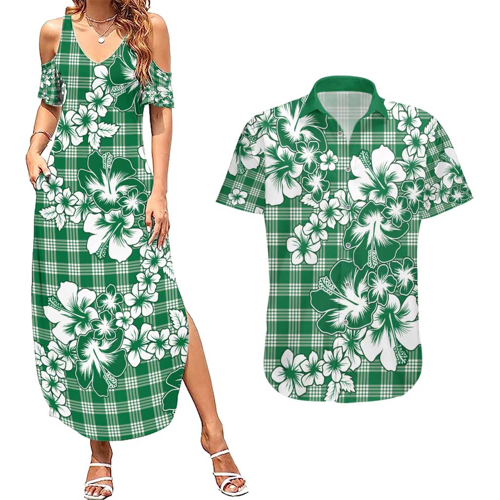 Hibiscus Pakala Emerald Green Couples Matching Summer Maxi Dress and Hawaiian Shirt Tropical Floral Stylized - Polynesian Pride