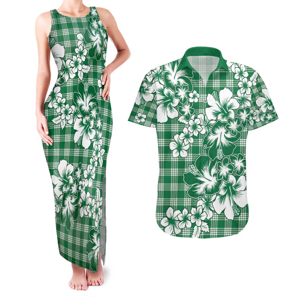 Hibiscus Pakala Emerald Green Couples Matching Tank Maxi Dress and Hawaiian Shirt Tropical Floral Stylized - Polynesian Pride