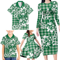Hibiscus Pakala Emerald Green Family Matching Long Sleeve Bodycon Dress and Hawaiian Shirt Tropical Floral Stylized - Polynesian Pride