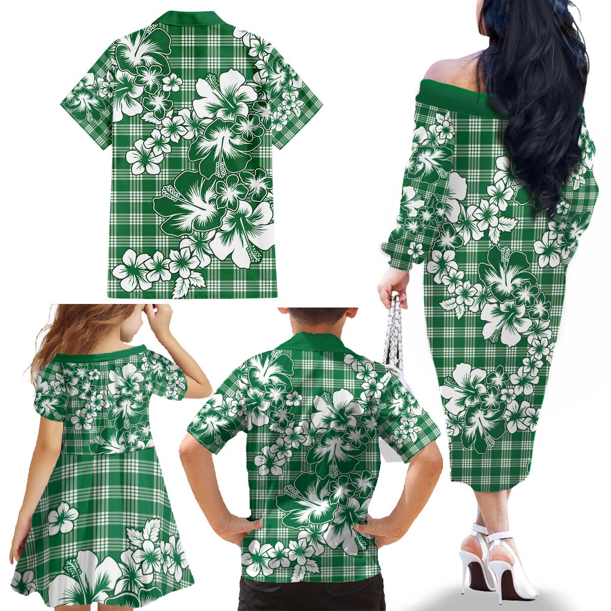 Hibiscus Pakala Emerald Green Family Matching Off The Shoulder Long Sleeve Dress and Hawaiian Shirt Tropical Floral Stylized - Polynesian Pride