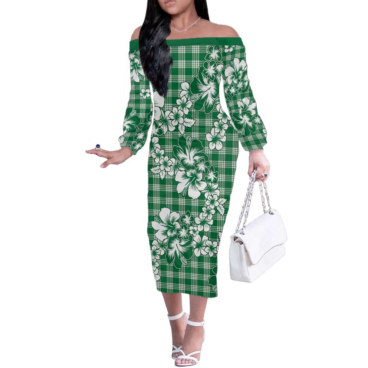 Hibiscus Pakala Emerald Green Family Matching Off The Shoulder Long Sleeve Dress and Hawaiian Shirt Tropical Floral Stylized - Polynesian Pride
