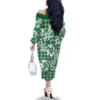 Hibiscus Pakala Emerald Green Family Matching Off The Shoulder Long Sleeve Dress and Hawaiian Shirt Tropical Floral Stylized - Polynesian Pride