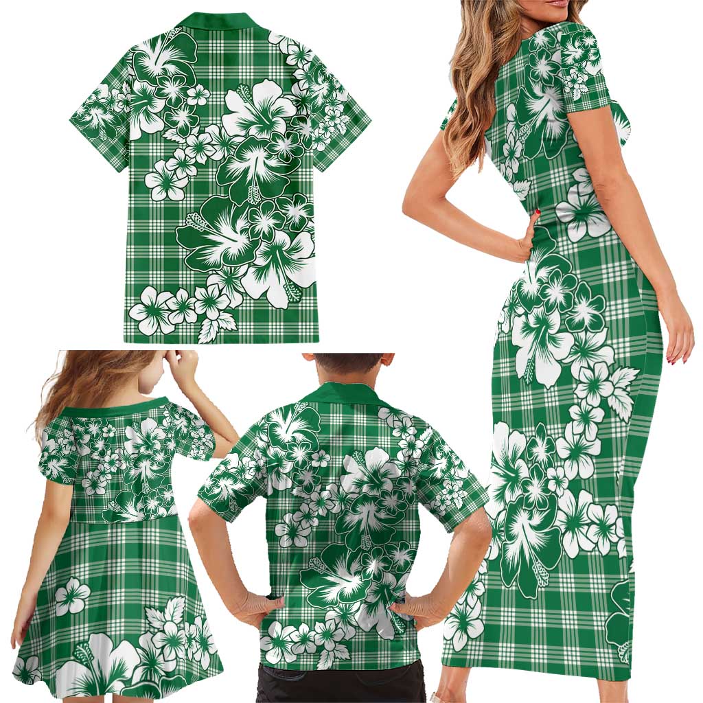 Hibiscus Pakala Emerald Green Family Matching Short Sleeve Bodycon Dress and Hawaiian Shirt Tropical Floral Stylized - Polynesian Pride