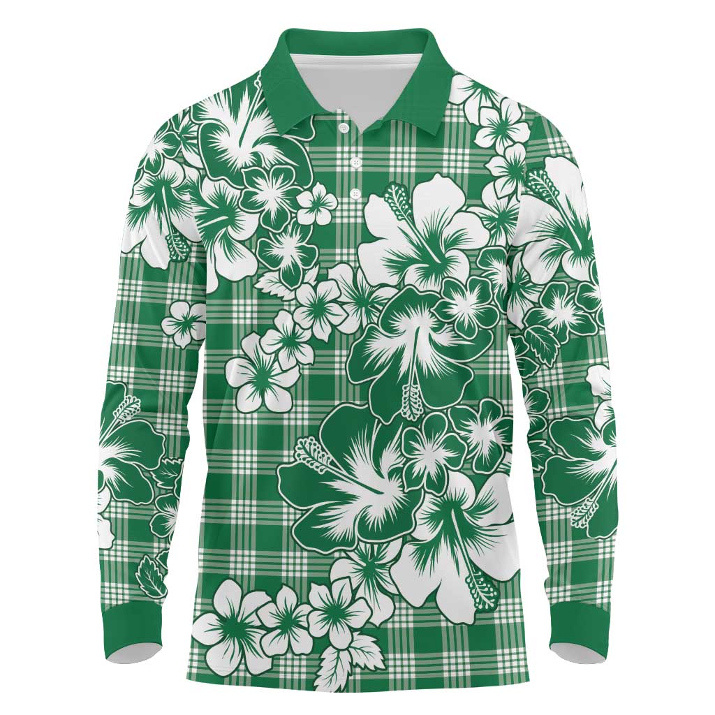 Hibiscus Pakala Emerald Green Long Sleeve Polo Shirt Tropical Floral Stylized - Polynesian Pride