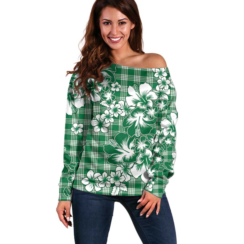 Hibiscus Pakala Emerald Green Off Shoulder Sweater Tropical Floral Stylized - Polynesian Pride