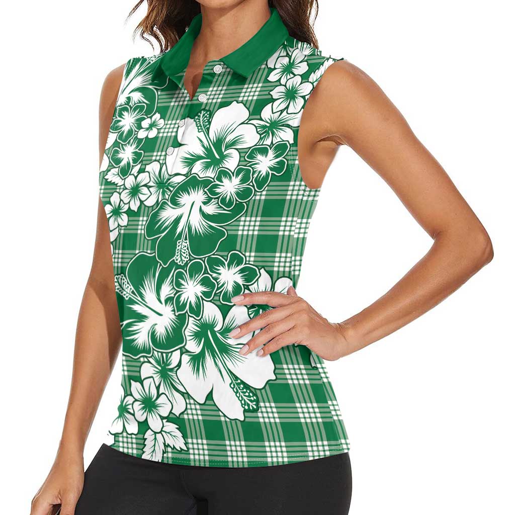 Hibiscus Pakala Emerald Green Women Sleeveless Polo Shirt Tropical Floral Stylized - Polynesian Pride