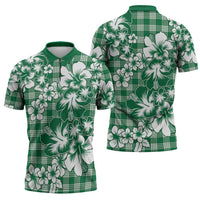 Hibiscus Pakala Emerald Green Zipper Polo Shirt Tropical Floral Stylized - Polynesian Pride