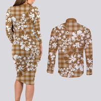 Hibiscus Pakala Bronze Brown Couples Matching Long Sleeve Bodycon Dress and Long Sleeve Button Shirt Tropical Floral Stylized - Polynesian Pride