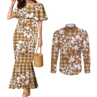 Hibiscus Pakala Bronze Brown Couples Matching Mermaid Dress and Long Sleeve Button Shirt Tropical Floral Stylized - Polynesian Pride