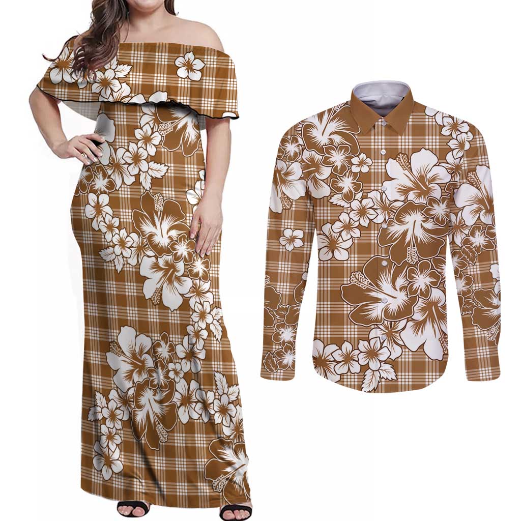 Hibiscus Pakala Bronze Brown Couples Matching Off Shoulder Maxi Dress and Long Sleeve Button Shirt Tropical Floral Stylized - Polynesian Pride