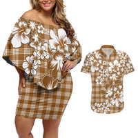 Hibiscus Pakala Bronze Brown Couples Matching Off Shoulder Short Dress and Hawaiian Shirt Tropical Floral Stylized - Polynesian Pride