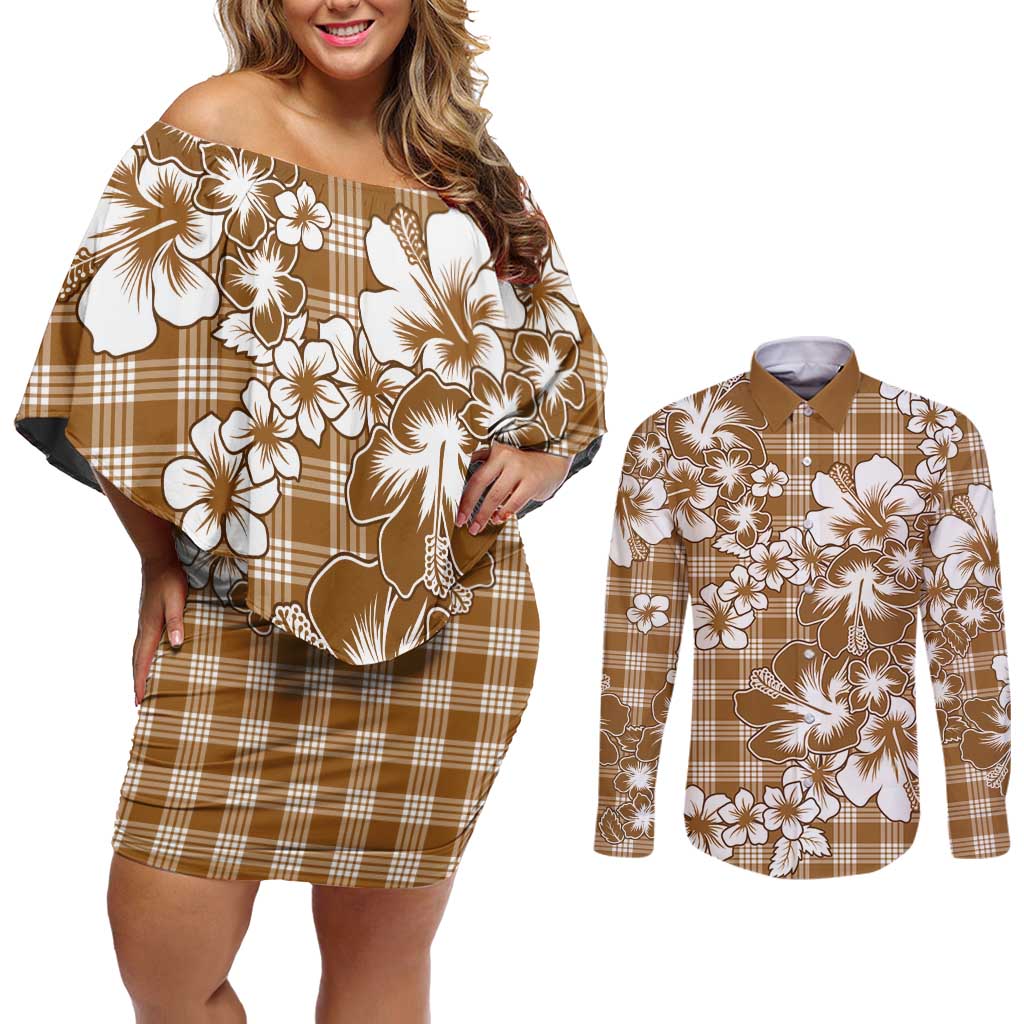 Hibiscus Pakala Bronze Brown Couples Matching Off Shoulder Short Dress and Long Sleeve Button Shirt Tropical Floral Stylized - Polynesian Pride