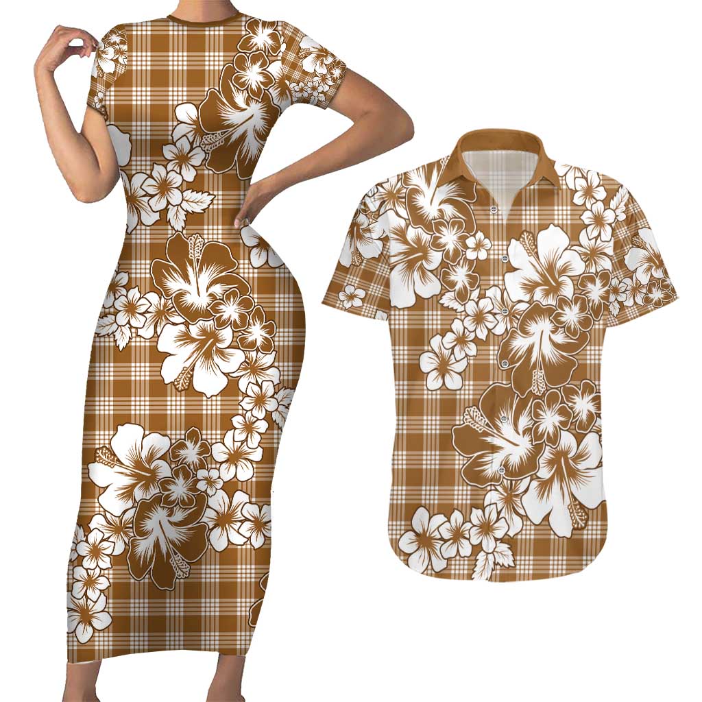 Hibiscus Pakala Bronze Brown Couples Matching Short Sleeve Bodycon Dress and Hawaiian Shirt Tropical Floral Stylized - Polynesian Pride