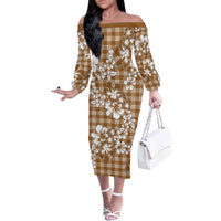 Hibiscus Pakala Bronze Brown Family Matching Off The Shoulder Long Sleeve Dress and Hawaiian Shirt Tropical Floral Stylized - Polynesian Pride