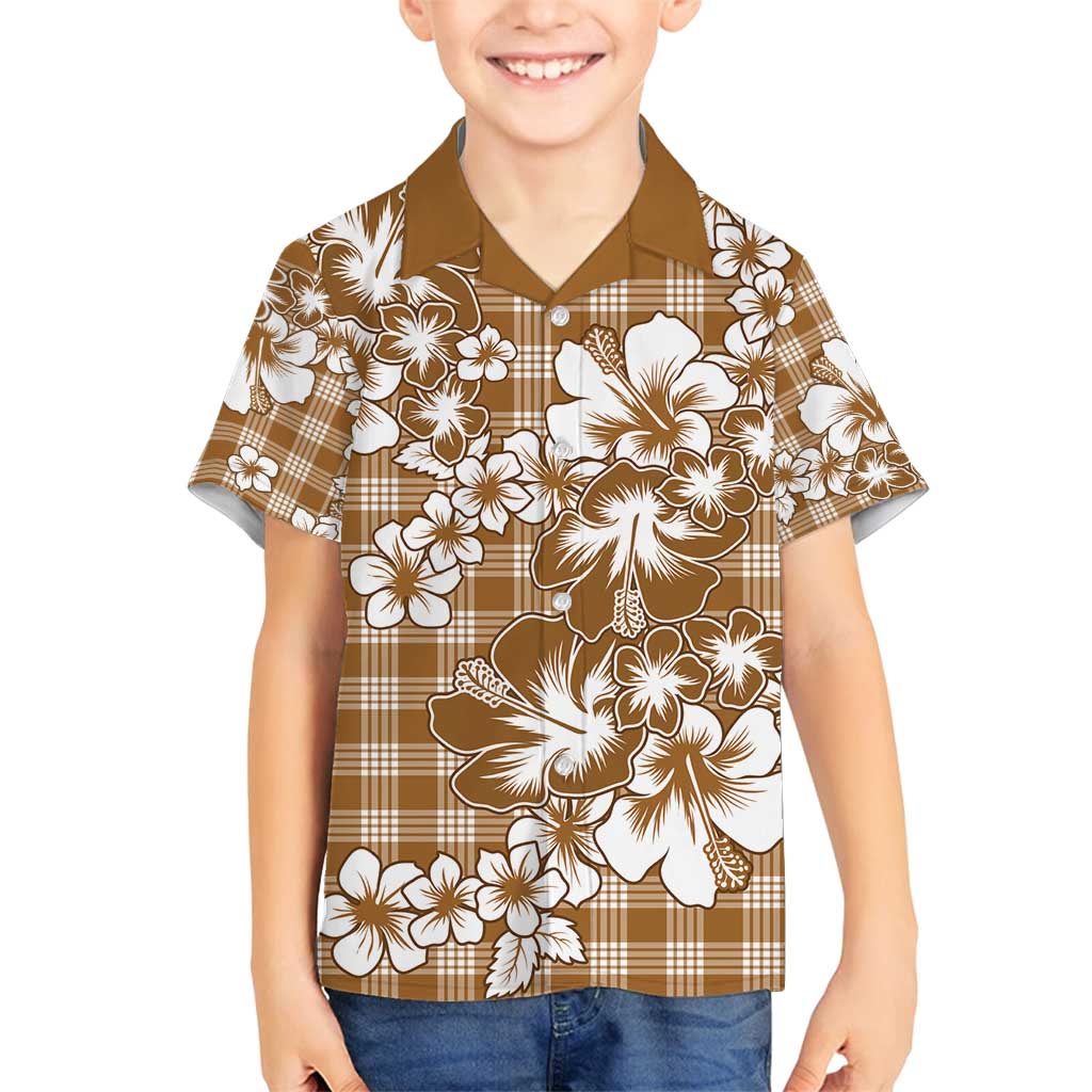 Hibiscus Pakala Bronze Brown Family Matching Off Shoulder Short Dress and Hawaiian Shirt Tropical Floral Stylized - Polynesian Pride