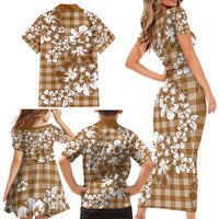 Hibiscus Pakala Bronze Brown Family Matching Short Sleeve Bodycon Dress and Hawaiian Shirt Tropical Floral Stylized - Polynesian Pride