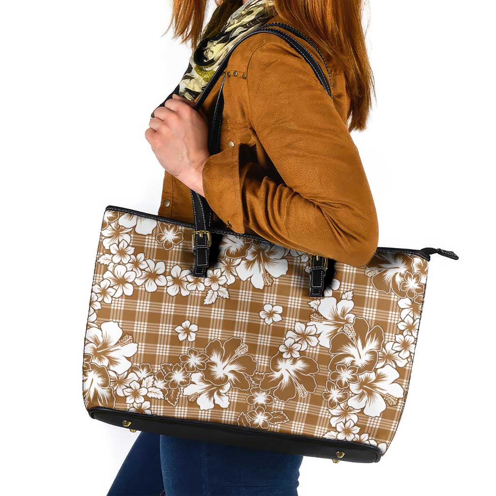 Hibiscus Pakala Bronze Brown Leather Tote Bag Tropical Floral Stylized LT01 Brown - Polynesian Pride