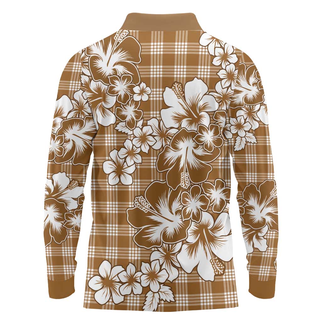 Hibiscus Pakala Bronze Brown Long Sleeve Polo Shirt Tropical Floral Stylized - Polynesian Pride