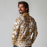 Hibiscus Pakala Bronze Brown Long Sleeve Polo Shirt Tropical Floral Stylized - Polynesian Pride