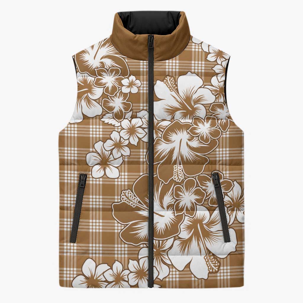 Hibiscus Pakala Bronze Brown Sleeveless Puffer Jacket Tropical Floral Stylized - Polynesian Pride