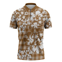 Hibiscus Pakala Bronze Brown Zipper Polo Shirt Tropical Floral Stylized - Polynesian Pride