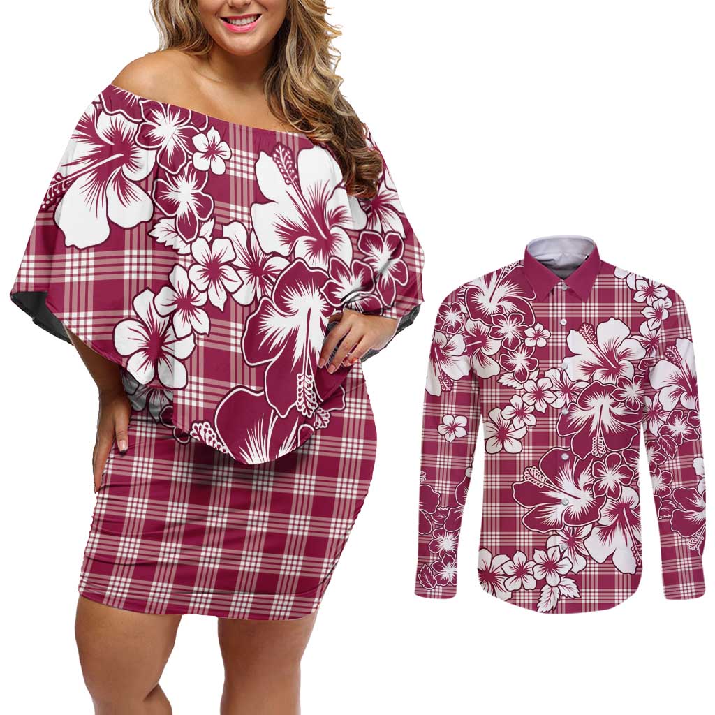 Hibiscus Pakala Royal Magenta Couples Matching Off Shoulder Short Dress and Long Sleeve Button Shirt Tropical Floral Stylized - Polynesian Pride