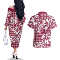 Hibiscus Pakala Royal Magenta Couples Matching Off The Shoulder Long Sleeve Dress and Hawaiian Shirt Tropical Floral Stylized - Polynesian Pride