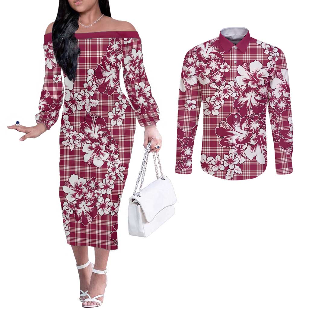 Hibiscus Pakala Royal Magenta Couples Matching Off The Shoulder Long Sleeve Dress and Long Sleeve Button Shirt Tropical Floral Stylized - Polynesian Pride