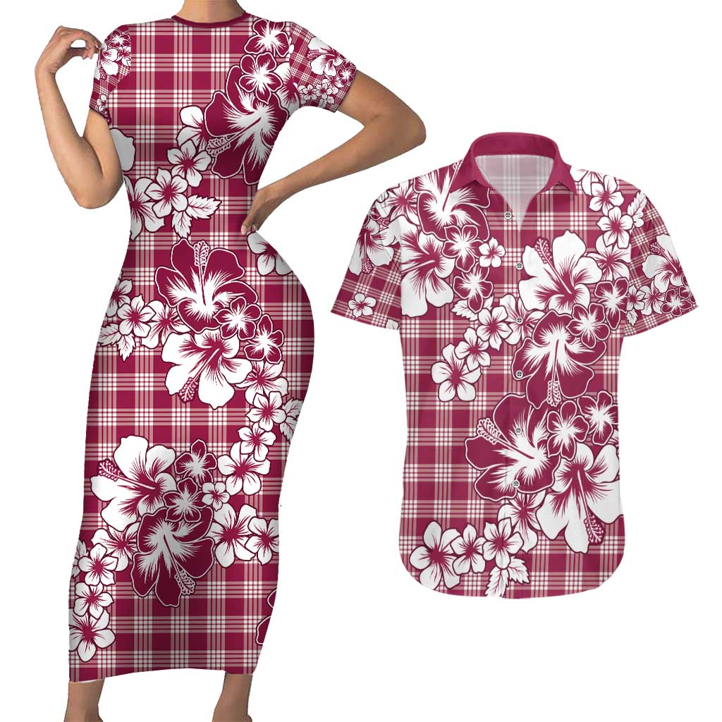 Hibiscus Pakala Royal Magenta Couples Matching Short Sleeve Bodycon Dress and Hawaiian Shirt Tropical Floral Stylized - Polynesian Pride