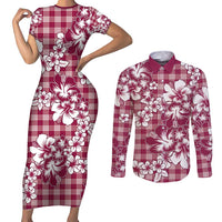 Hibiscus Pakala Royal Magenta Couples Matching Short Sleeve Bodycon Dress and Long Sleeve Button Shirt Tropical Floral Stylized - Polynesian Pride
