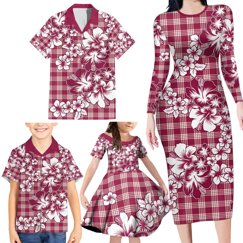 Hibiscus Pakala Royal Magenta Family Matching Long Sleeve Bodycon Dress and Hawaiian Shirt Tropical Floral Stylized - Polynesian Pride