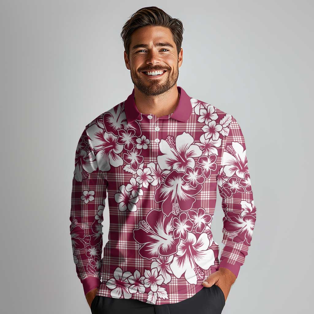 Hibiscus Pakala Royal Magenta Long Sleeve Polo Shirt Tropical Floral Stylized - Polynesian Pride