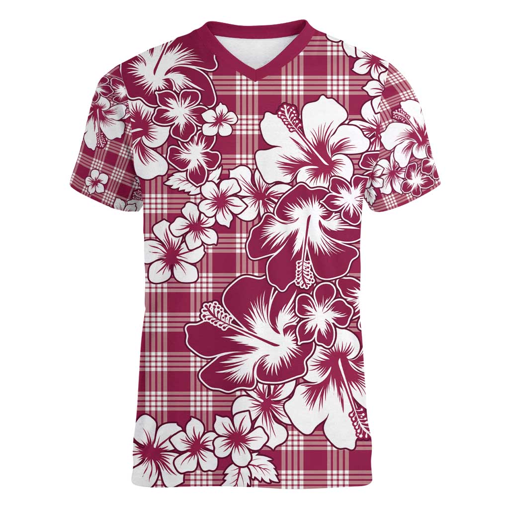 Hibiscus Pakala Royal Magenta Women V-Neck T-Shirt Tropical Floral Stylized - Polynesian Pride