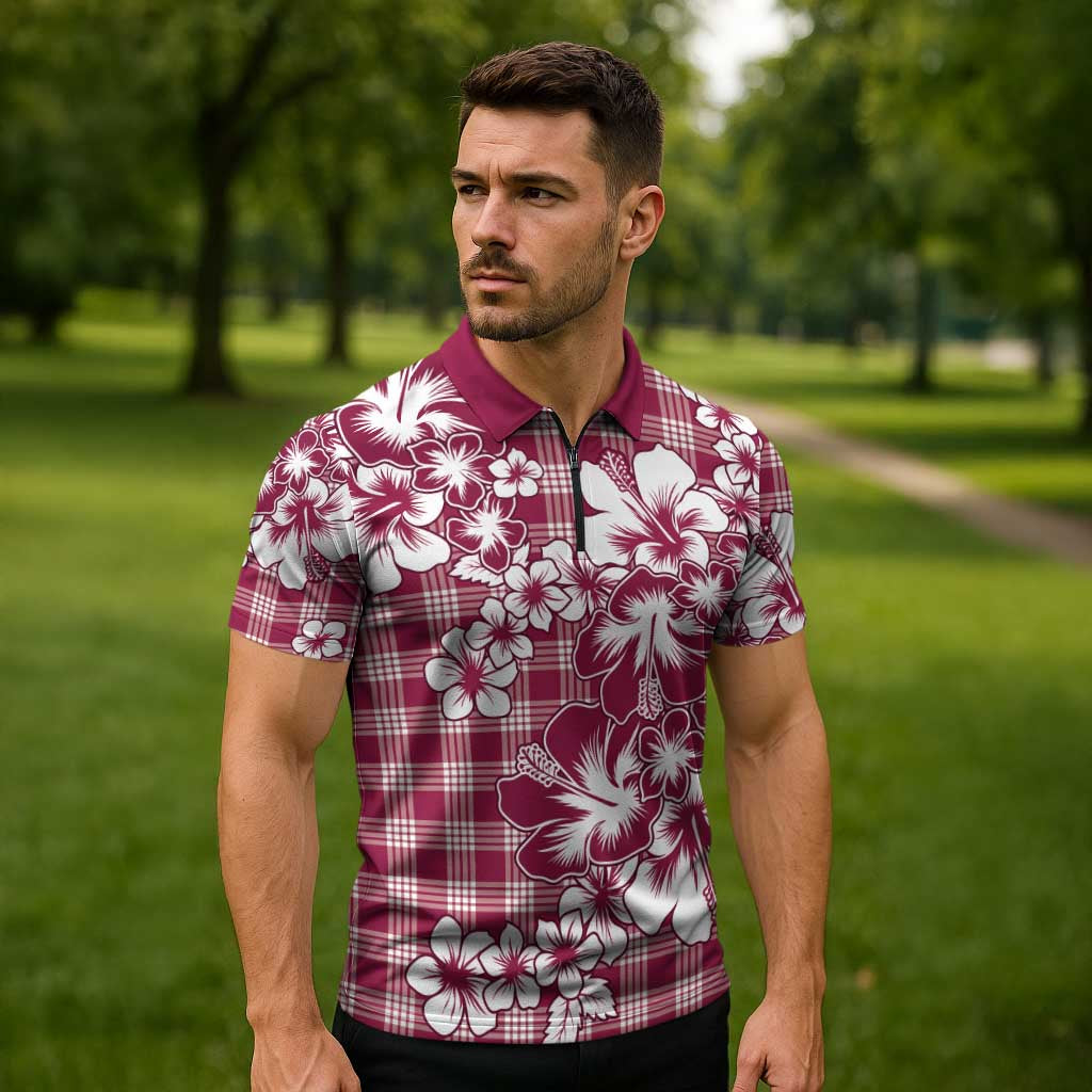 Hibiscus Pakala Royal Magenta Zipper Polo Shirt Tropical Floral Stylized - Polynesian Pride