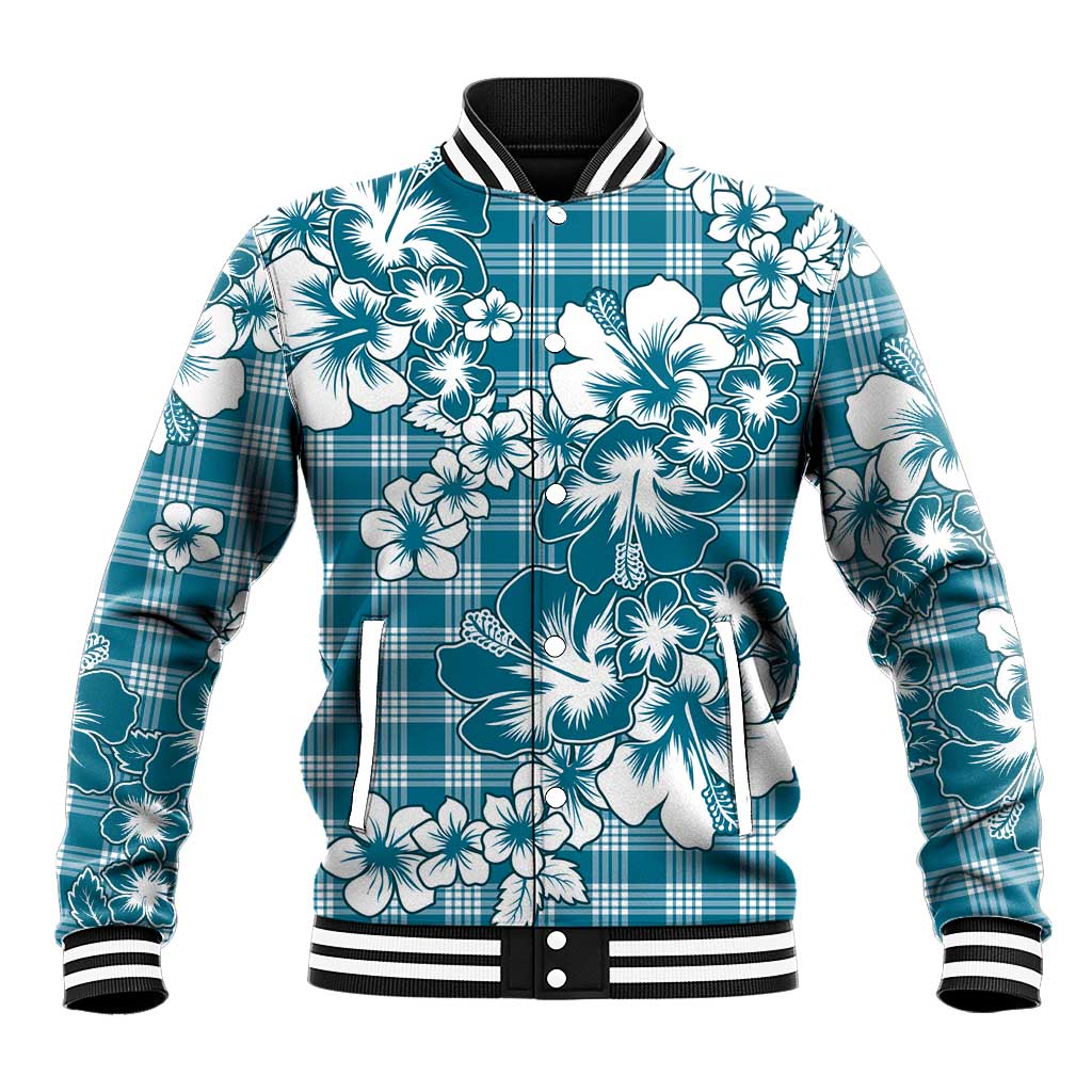 Hibiscus Pakala Ocean Depths Blue Baseball Jacket Tropical Floral Stylized - Polynesian Pride