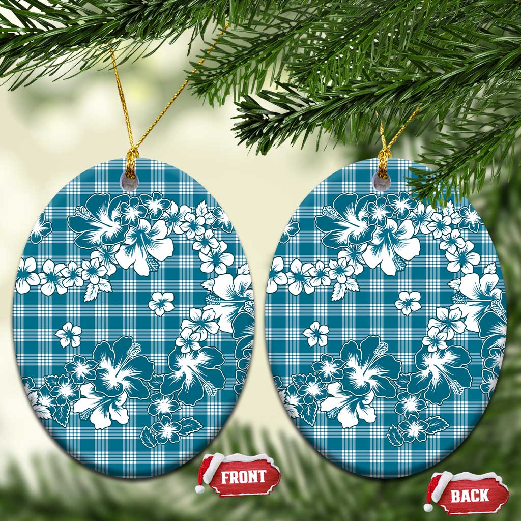 Hibiscus Pakala Ocean Depths Blue Ceramic Ornament Tropical Floral Stylized LT01 Oval Blue - Polynesian Pride