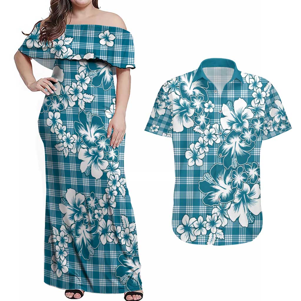 Hibiscus Pakala Ocean Depths Blue Couples Matching Off Shoulder Maxi Dress and Hawaiian Shirt Tropical Floral Stylized - Polynesian Pride