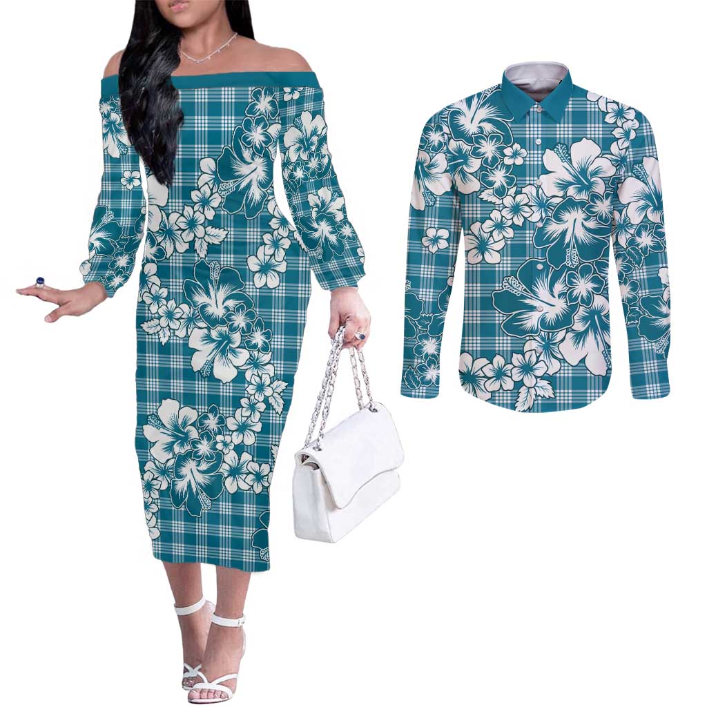 Hibiscus Pakala Ocean Depths Blue Couples Matching Off The Shoulder Long Sleeve Dress and Long Sleeve Button Shirt Tropical Floral Stylized - Polynesian Pride