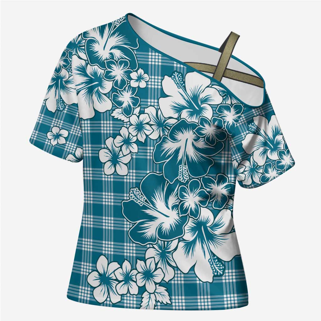 Hibiscus Pakala Ocean Depths Blue Cross Shoulder Shirt Tropical Floral Stylized LT01 Female Blue - Polynesian Pride