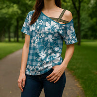 Hibiscus Pakala Ocean Depths Blue Cross Shoulder Shirt Tropical Floral Stylized - Polynesian Pride