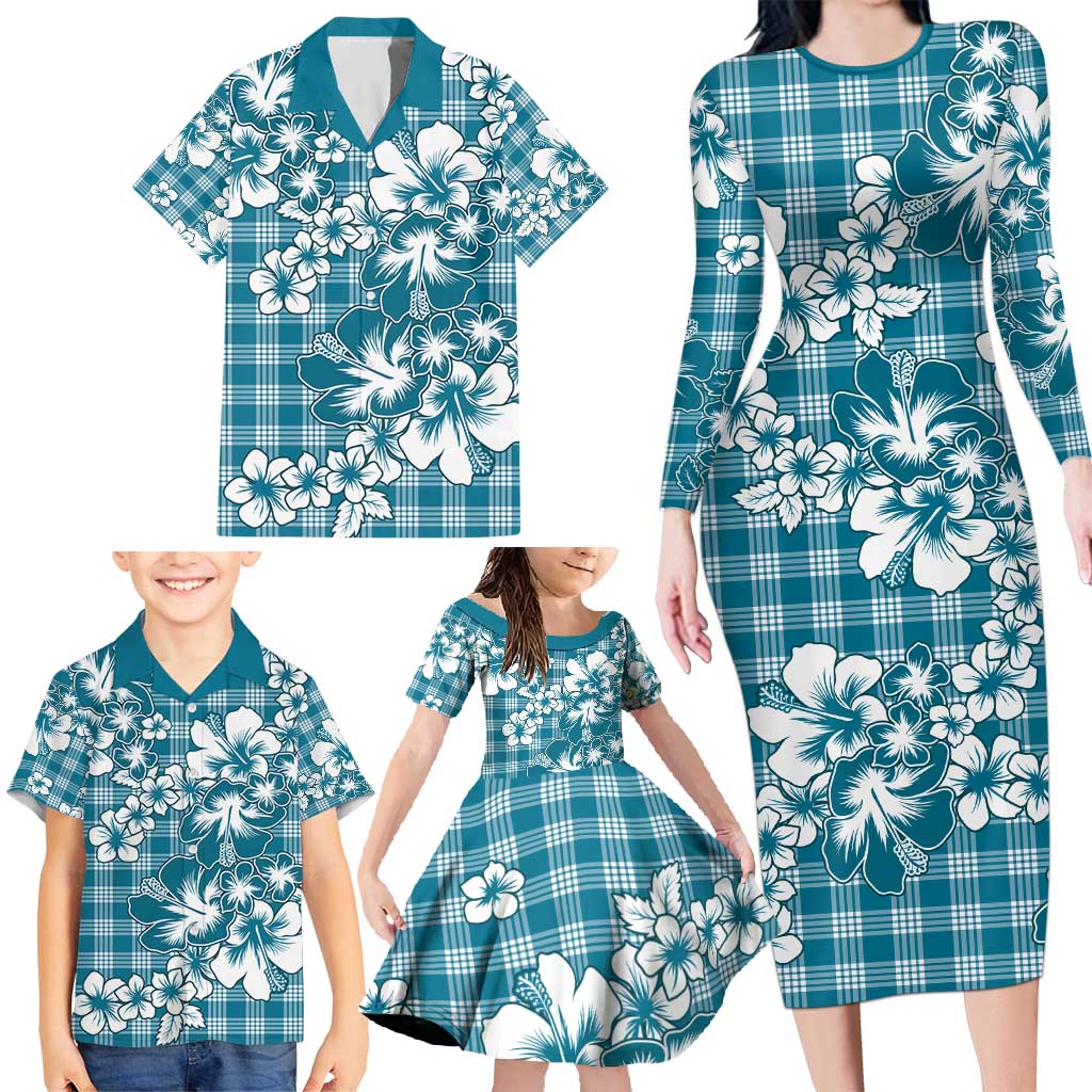 Hibiscus Pakala Ocean Depths Blue Family Matching Long Sleeve Bodycon Dress and Hawaiian Shirt Tropical Floral Stylized - Polynesian Pride
