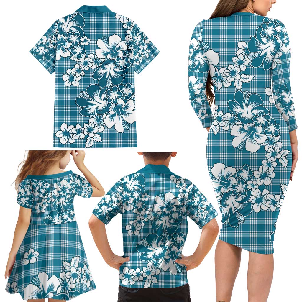 Hibiscus Pakala Ocean Depths Blue Family Matching Long Sleeve Bodycon Dress and Hawaiian Shirt Tropical Floral Stylized - Polynesian Pride