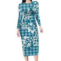 Hibiscus Pakala Ocean Depths Blue Family Matching Long Sleeve Bodycon Dress and Hawaiian Shirt Tropical Floral Stylized - Polynesian Pride
