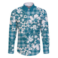 Hibiscus Pakala Ocean Depths Blue Family Matching Off The Shoulder Long Sleeve Dress and Hawaiian Shirt Tropical Floral Stylized - Polynesian Pride