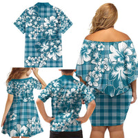 Hibiscus Pakala Ocean Depths Blue Family Matching Off Shoulder Short Dress and Hawaiian Shirt Tropical Floral Stylized - Polynesian Pride