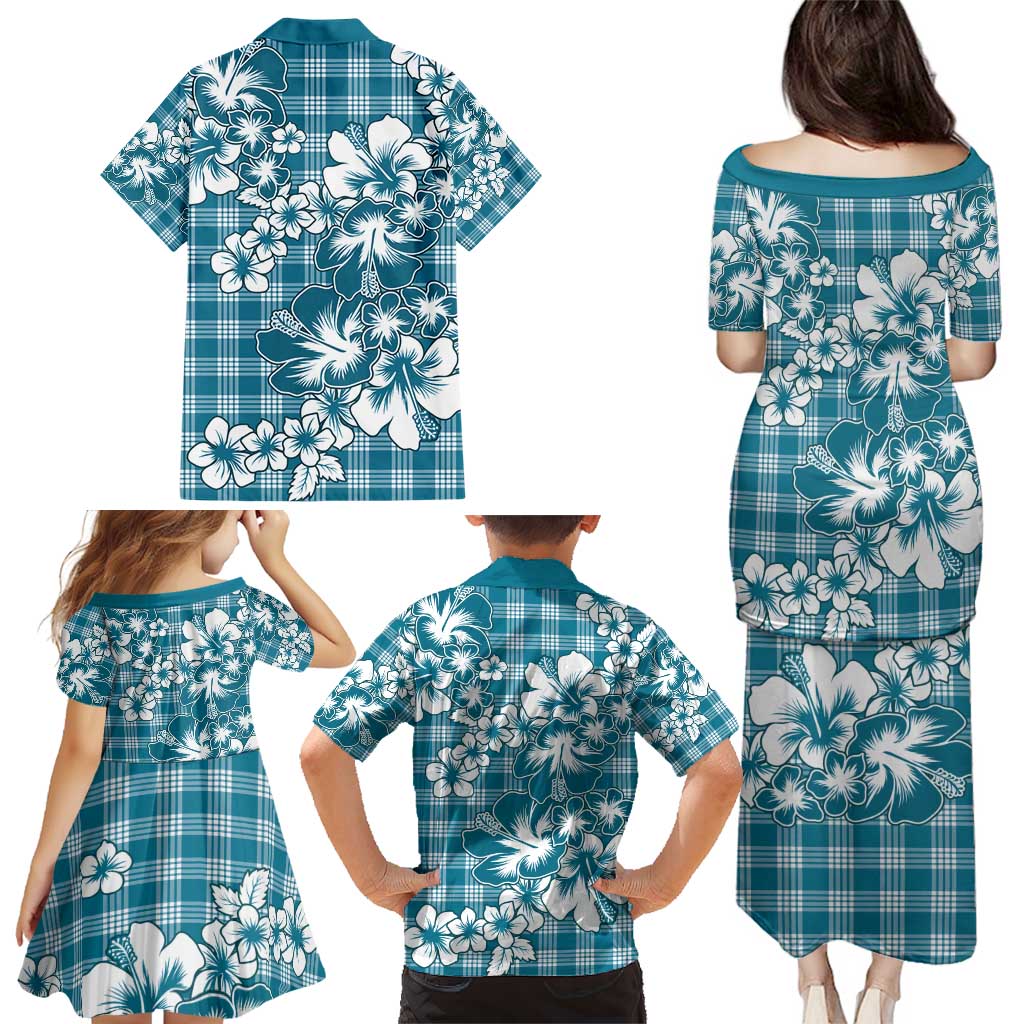 Hibiscus Pakala Ocean Depths Blue Family Matching Puletasi and Hawaiian Shirt Tropical Floral Stylized - Polynesian Pride